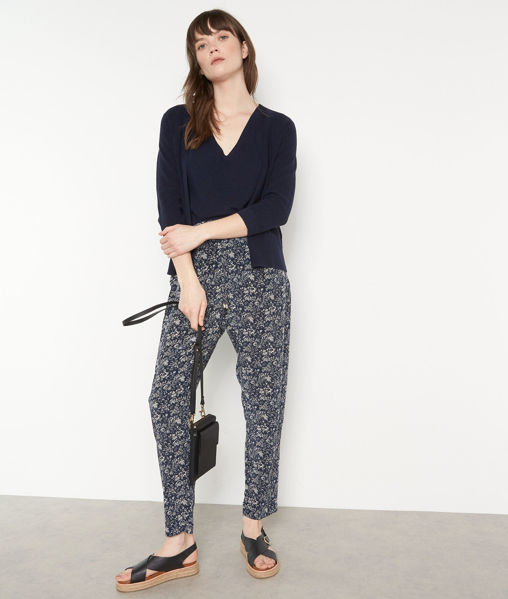 Picture of FLYNN NAVY-PRINT LINEN CARROT TROUSERS